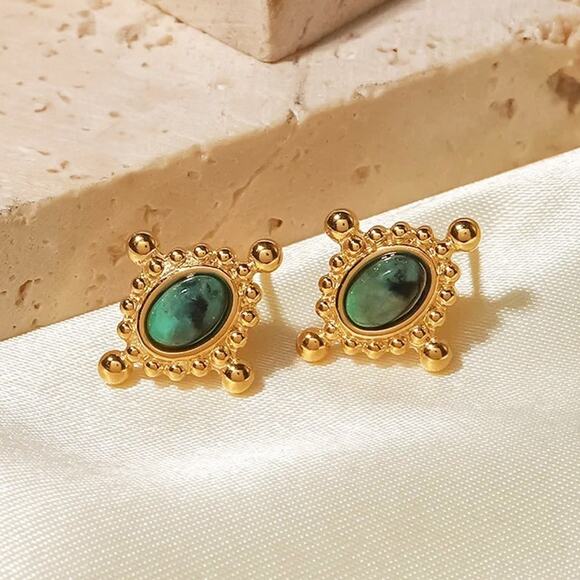 Vintage Greenish Natural Stone Stud Earrings 18K Gold Plated Stainless‎ Steel - Picture 4 of 7